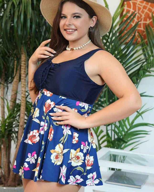 Plus Size Floral Ruched Sleeveless Swim Top
