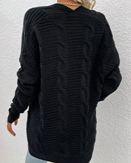 Cable-Knit Open Front Cardigan with Pockets