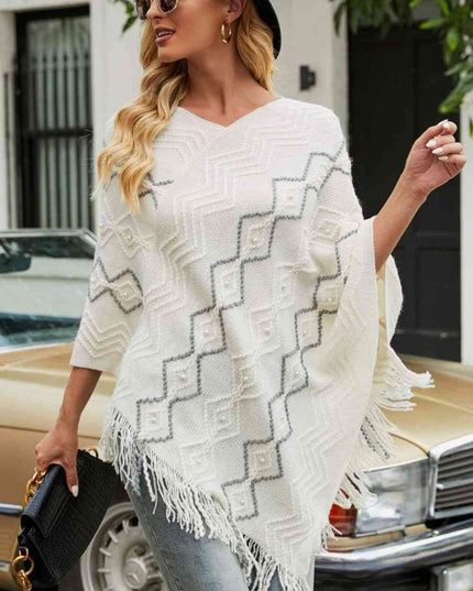 Pearl Trim V-Neck Fringe Hem Poncho