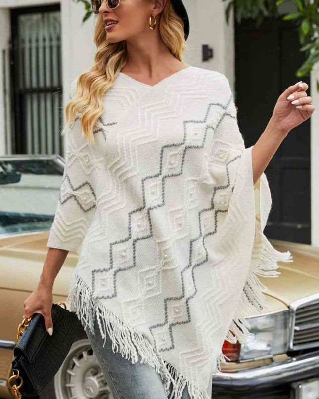 Pearl Trim V-Neck Fringe Hem Poncho