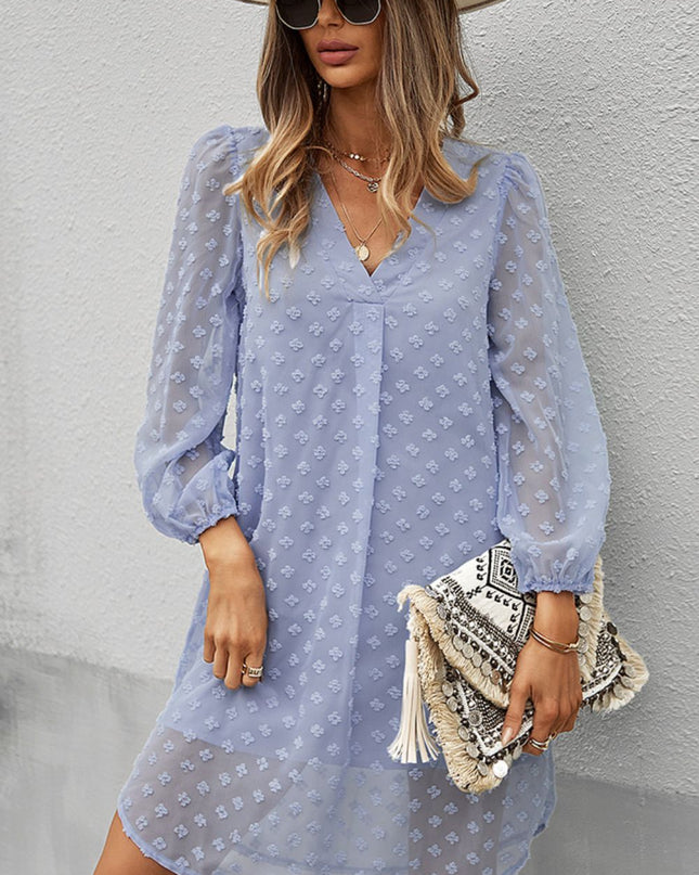 Swiss Dot V-Neck Long Sleeve Dress