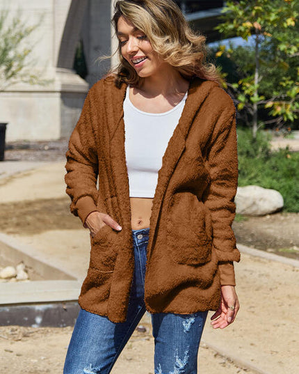 Full Size Teddy Hooded Jacket with Pockets