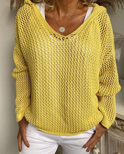 Openwork Hooded Long Sleeve Sweater