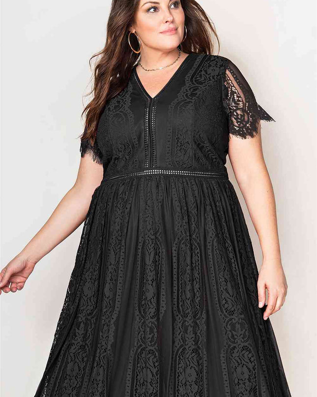 V-Neck Short Sleeve Lace Maxi Dress