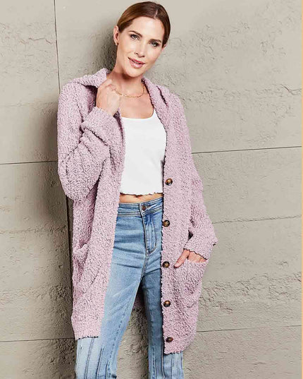 Double Take Popcorn-Knit Long Sleeve Hooded Cardigan
