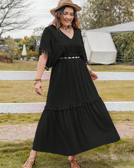 Plus Size Tassel Trim V-Neck Short Sleeve Ruffle Hem Dress