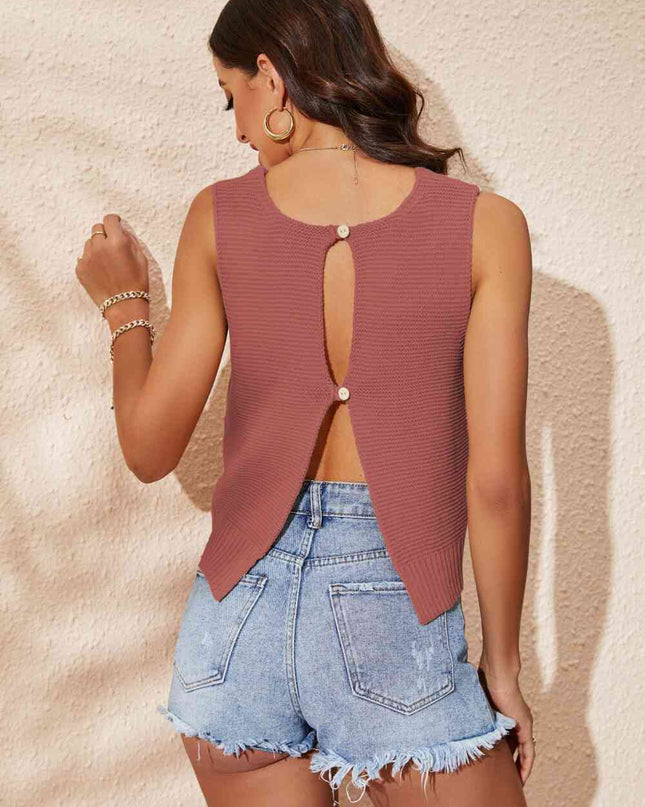 Buttoned Cutout Ribbed Trim Knit Tank