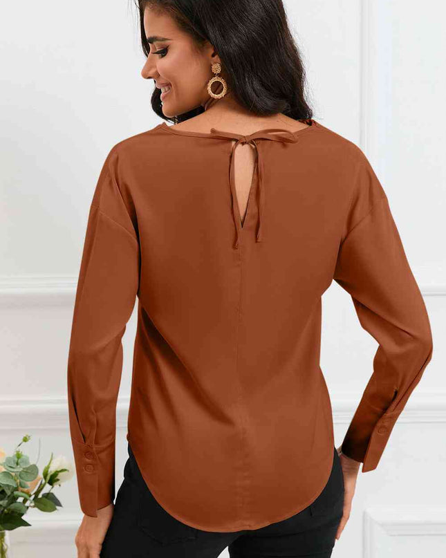 Cowl Neck Dropped Shoulder Long Sleeve Back Tie Blouse