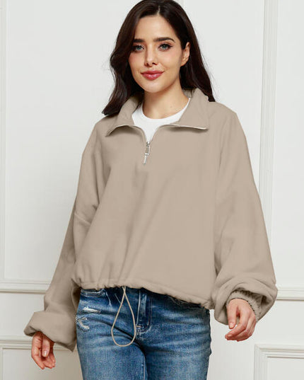 Half-Zip Collared Drop Shoulder Fleece Sweatshirt