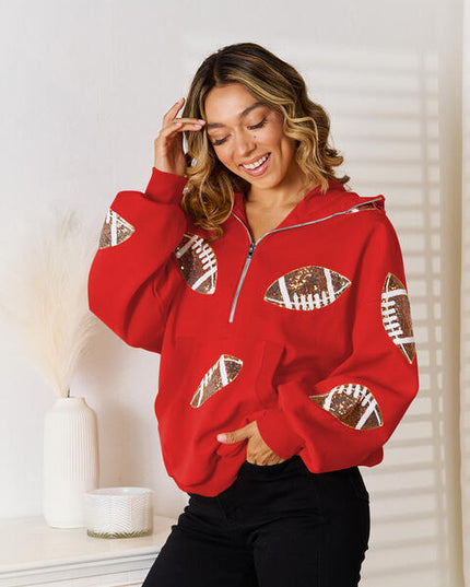 Sequin Football Patch Half-Zip Hoodie