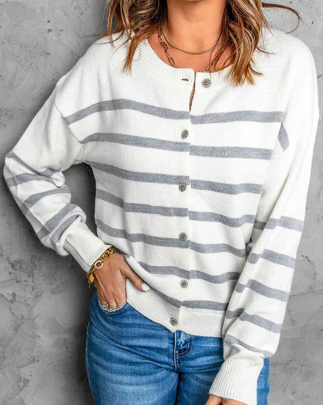 Striped Round Neck Button-Up Cardigan