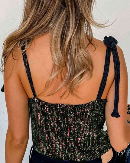 Sequin V-Neck Tie Shoulder Bodysuit