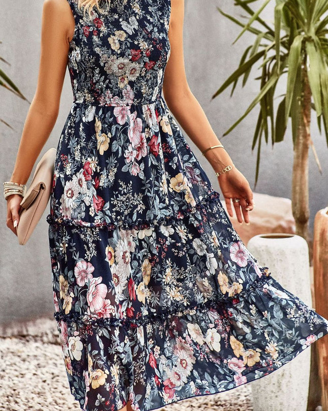 Frill Trim Smocked Sleeveless Midi Dress