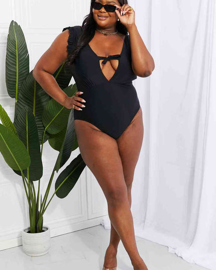 Marina West Swim Seashell Ruffle Sleeve One-Piece in Black