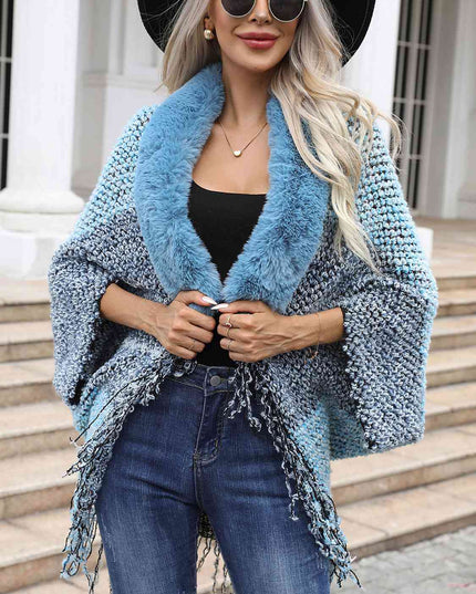 Color Block Open Front Fringe Hem Poncho