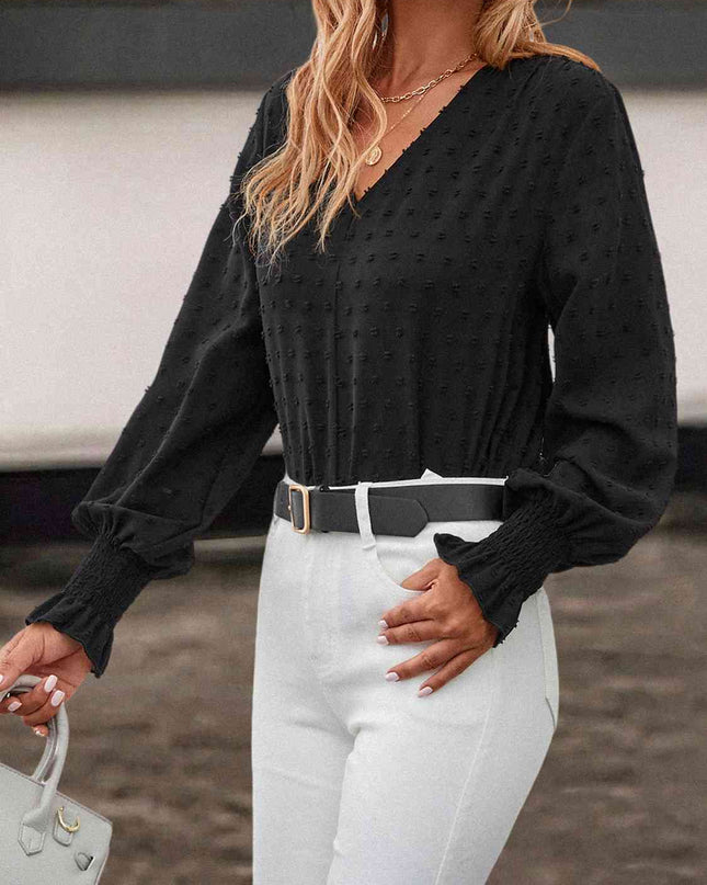 Swiss Dot V-NecK Lantern Sleeve Blouse