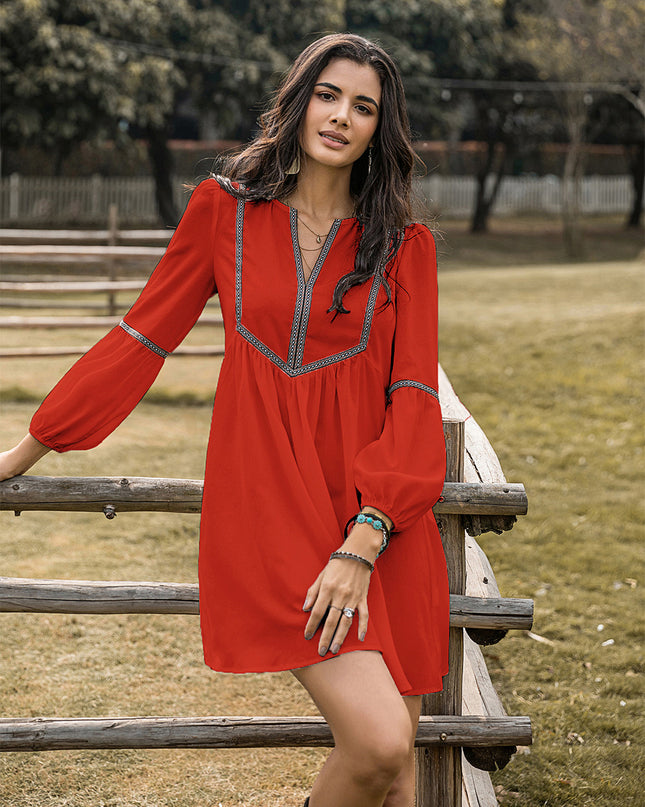 Notched Balloon Sleeve Mini Dress