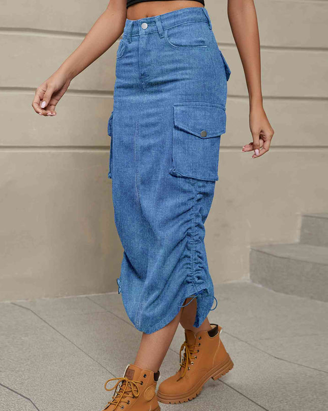 Drawstring Ruched Slit Denim Midi Skirt