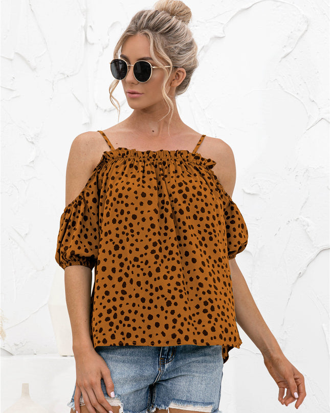 Printed Cold-Shoulder Frill Trim Blouse