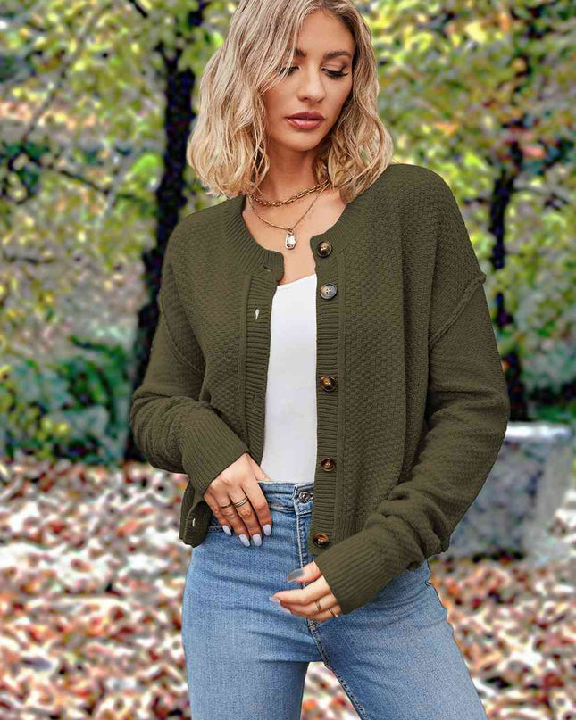 Button Up Round Neck Drop Shoulder Cardigan