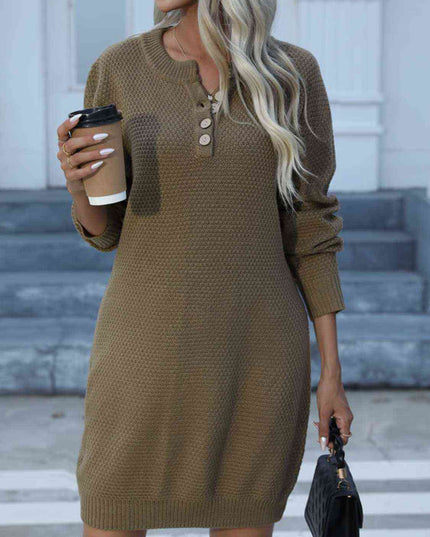 Buttoned Round Neck Long Sleeve Sweater Dress