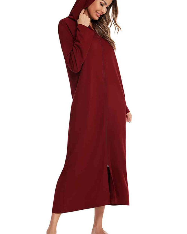 Zip Front Hooded Night Dress with Pockets