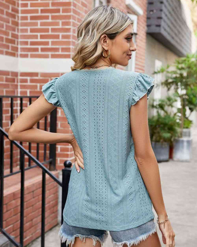 Eyelet Flutter Sleeve Scalloped V-Neck Top