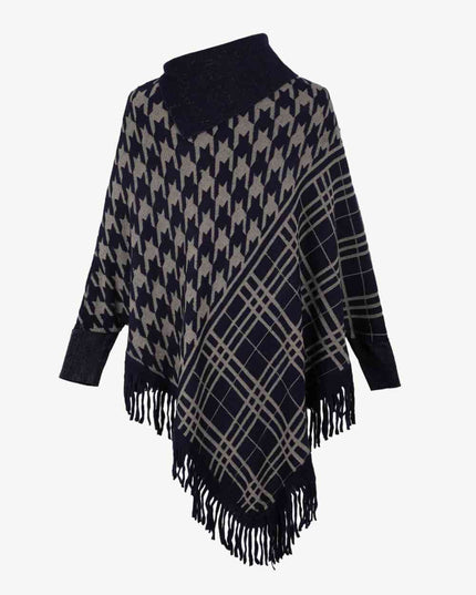 Houndstooth Turtleneck Fringe Hem Poncho