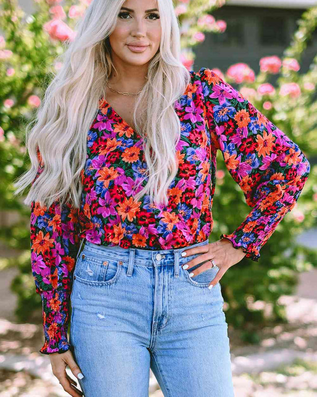Flower Surplice Long Sleeve Top