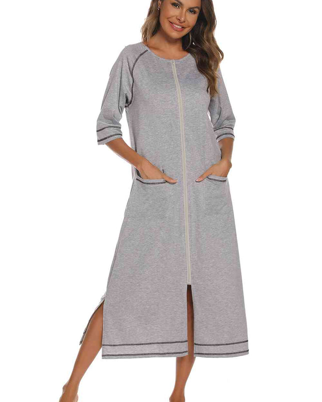 Zip Up Slit Round Neck Night Dress with Pockets