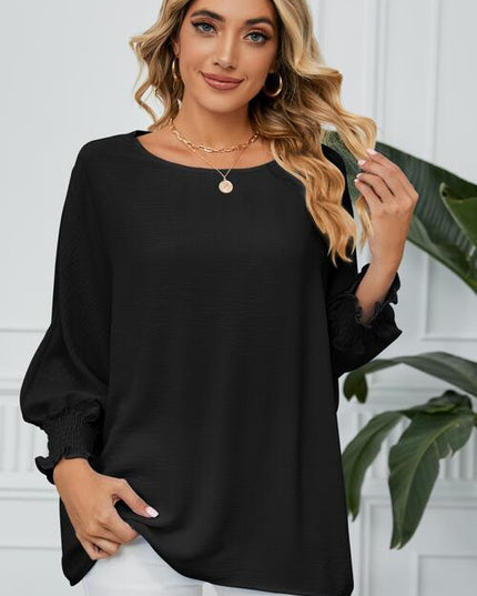Smocked Lantern Sleeve Round Neck Blouse