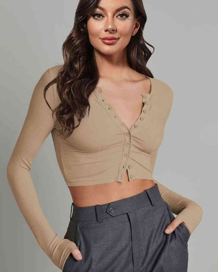 Double Take Button Down Long Sleeve Cropped Top