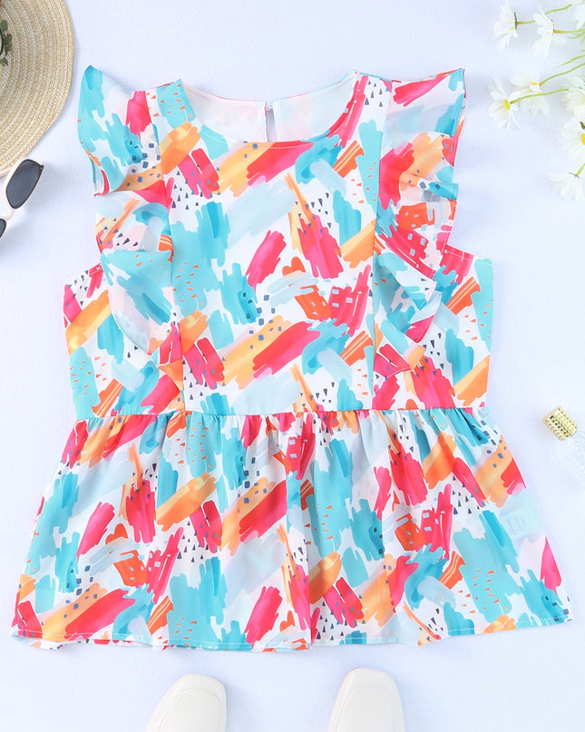 Printed Round Neck Ruffled Peplum Top