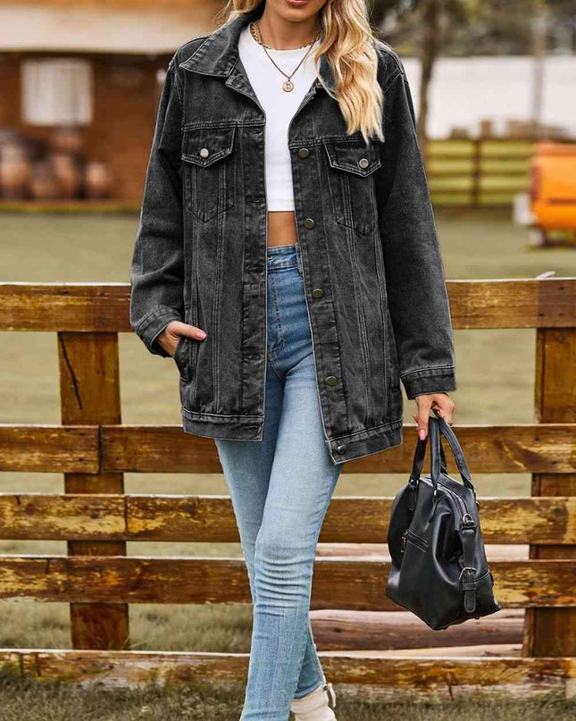 Buttoned Collared Neck Denim Jacket with Pockets