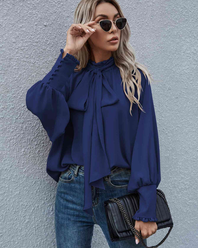 Mock Neck Lantern Sleeve Tie Front Blouse