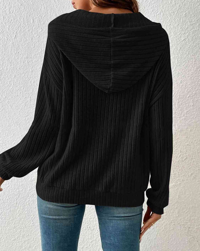 Ribbed Dropped Shoulder Drawstring Hoodie