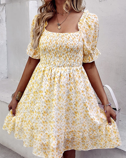 Floral Smocked Square Neck Flounce Sleeve Dress