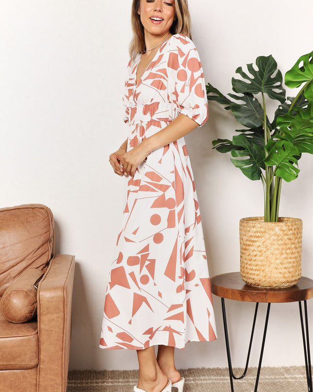 Double Take Printed Surplice Balloon Sleeve Dress