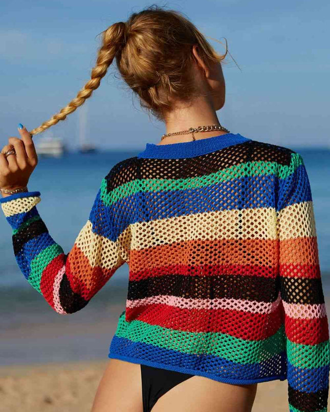 Rainbow Stripe Openwork Long Sleeve Cover-Up
