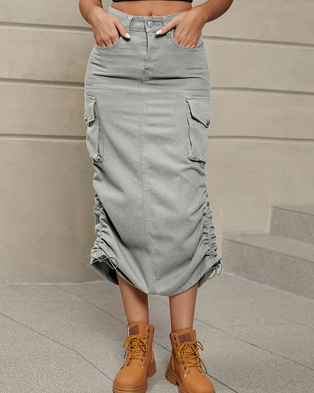 Drawstring Ruched Slit Denim Midi Skirt