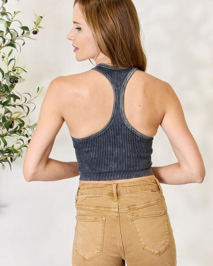 Zenana Washed Ribbed Crewneck Racerback Cropped Tank Top