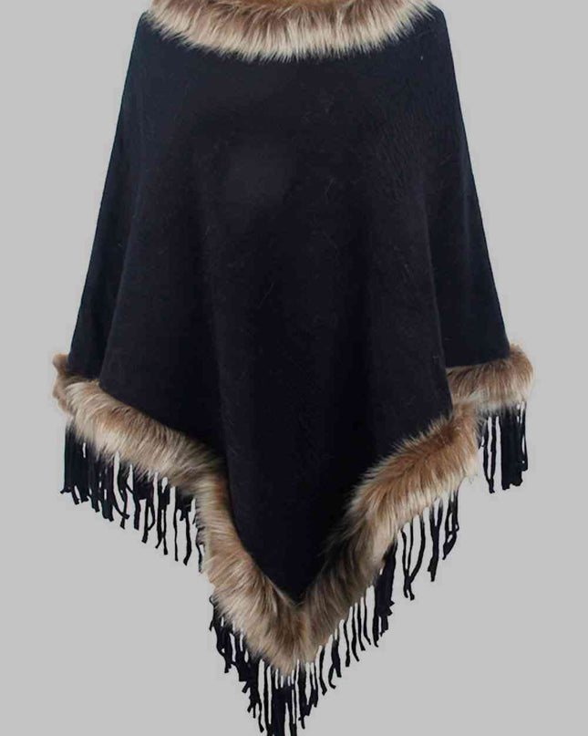 Faux Fur Trim Fringed Poncho