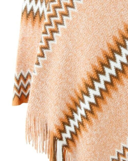 Fringe Hem Striped Cape Sleeve Poncho