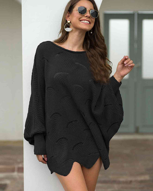 Full Size Boat Neck Lantern Sleeve Openwork Knit Top