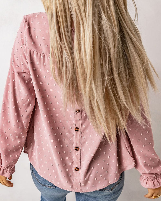 Swiss Dot Flounce Sleeve Button Detail Blouse