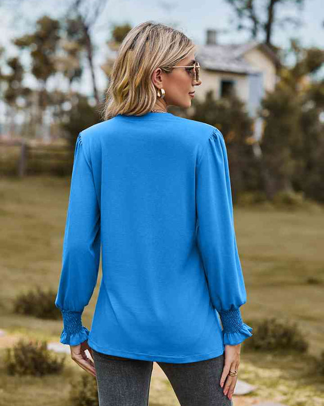 Notched Neck Flounce Sleeve Blouse