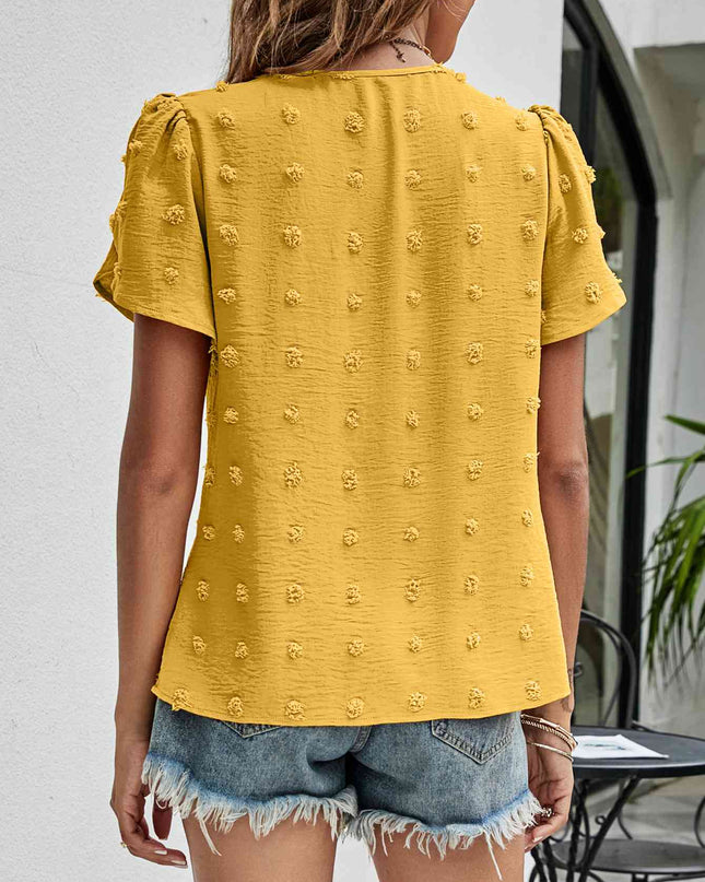 Swiss Dot Round Neck Petal Sleeve Top