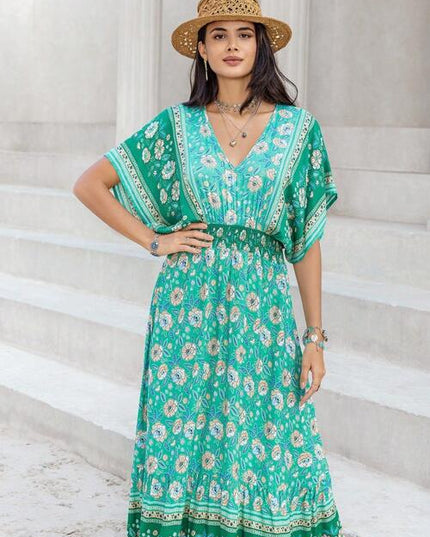 Floral V-Neck Smocked Short Sleeve Dress