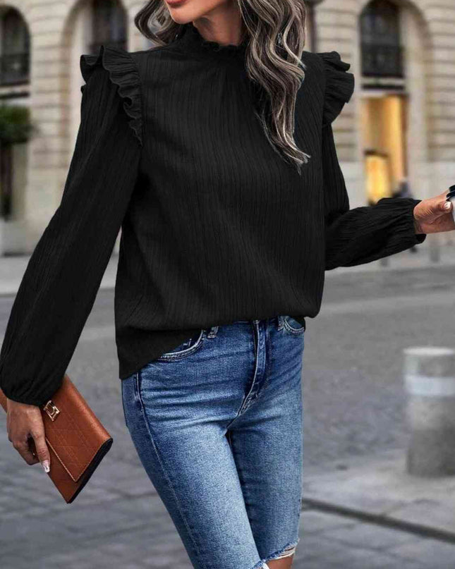 Mock Neck Ruffle Shoulder Blouse