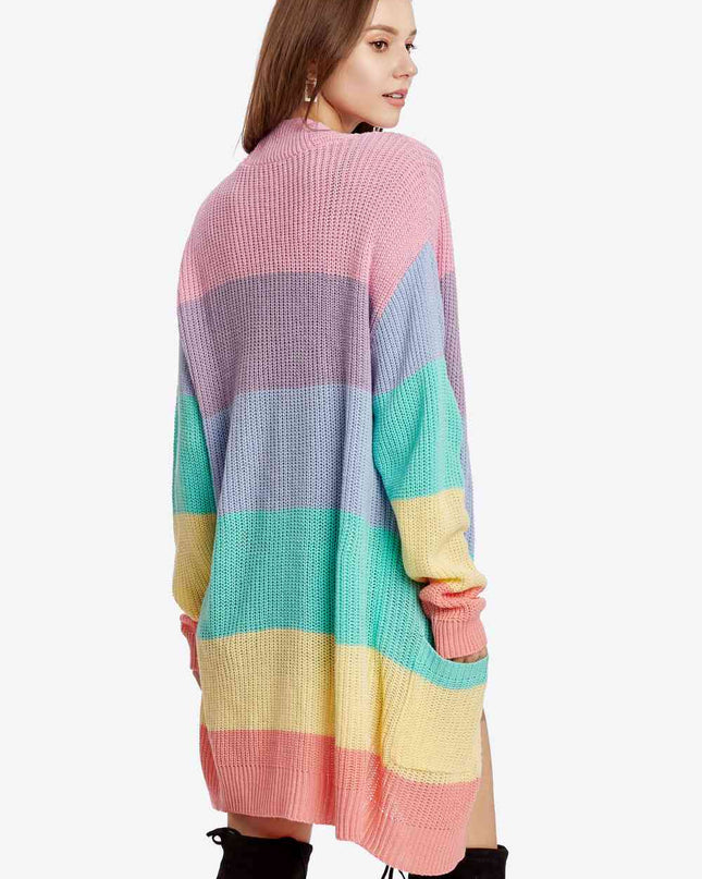 Color Block Open Front Drop Shoulder Cardigan with Pockets